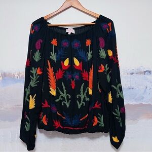 LAURIE FELT Black Peasant Blouse with Multicolor Floral Embroidery